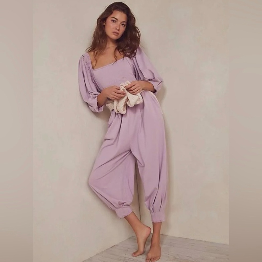 Free People Lavender Puff-Sleeve Jumpsuit